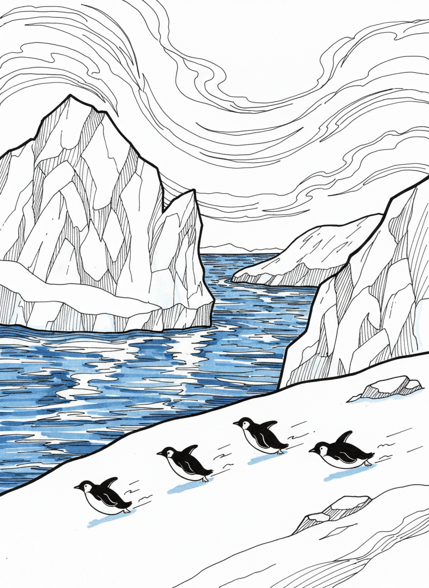 A frozen coastline filled with icebergs, penguins sliding across the snow, and cold blue water reflecting the winter sky.