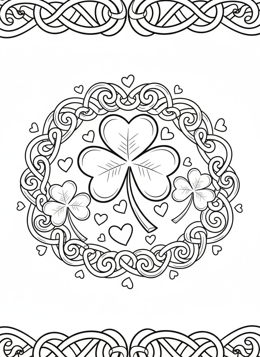 Three shamrocks of different sizes arranged in a decorative pattern with swirling Celtic knot borders and small hearts scattered around.