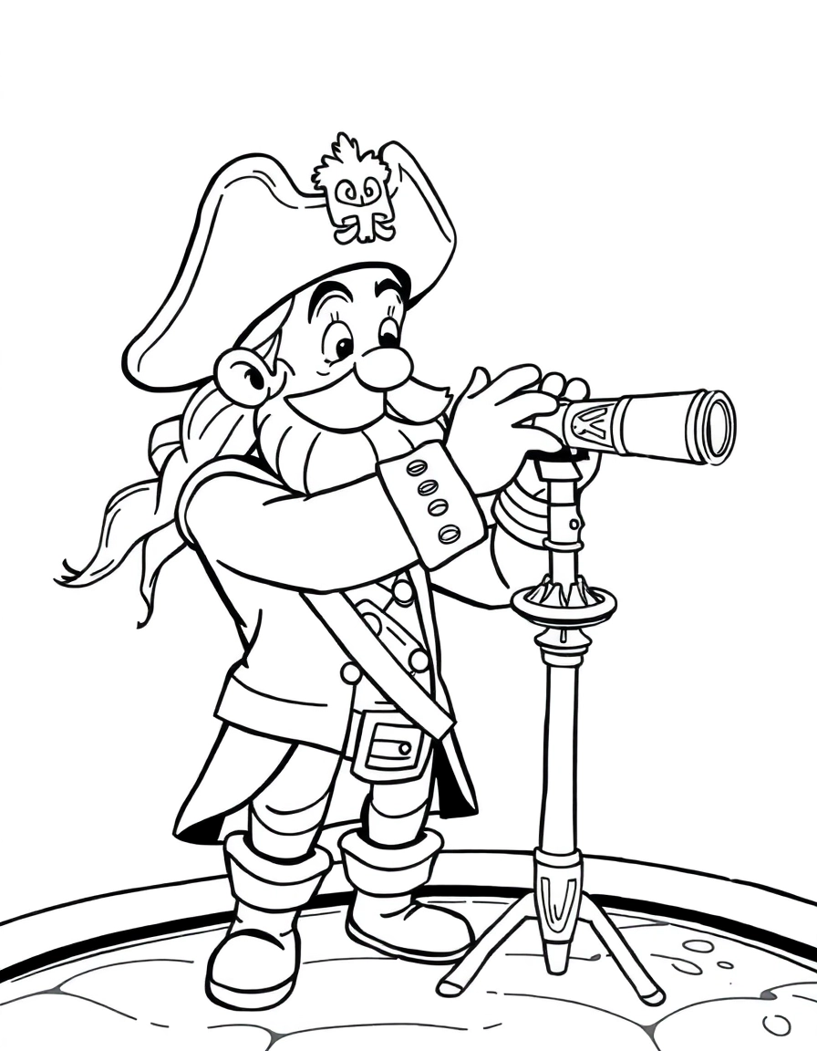 A pirate using a telescope to look for land.