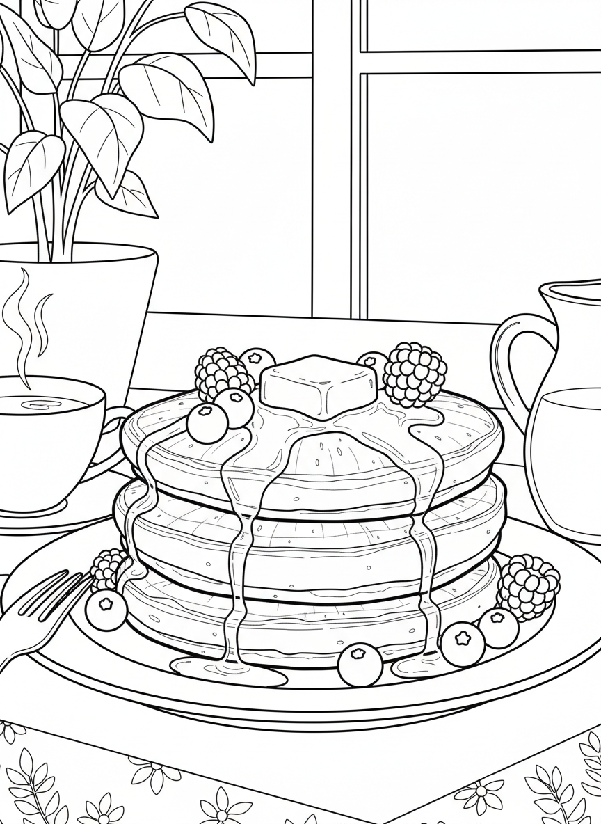 A stack of three fluffy pancakes with butter melting on top, syrup dripping down the sides, and berries scattered around.