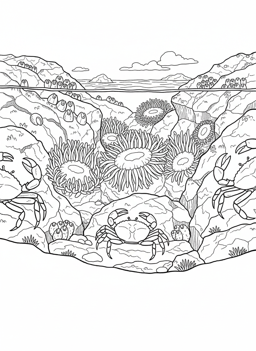 A tide pool cross-section view showing creatures at different depths: barnacles above water line, anemones below, crabs on rocks.