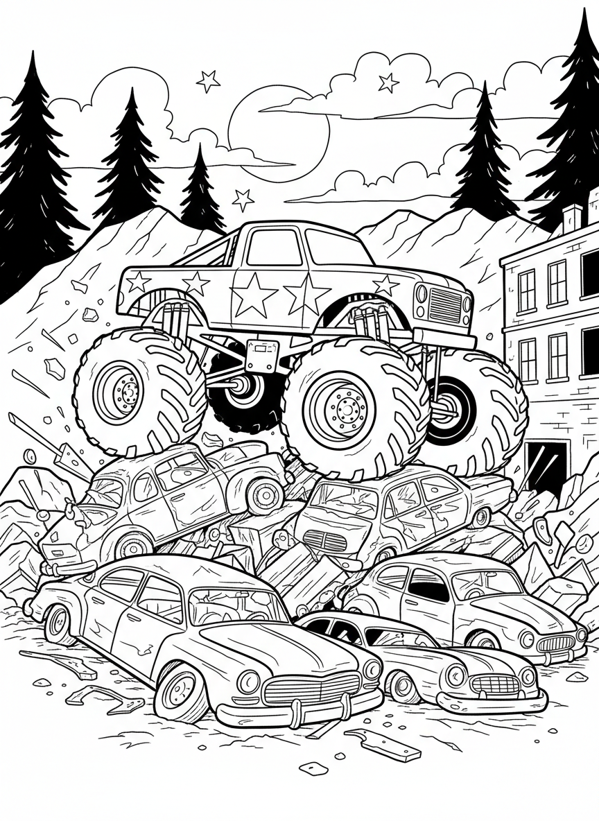 Monster truck with star patterns on its body crushing a pile of old cars beneath its wheels