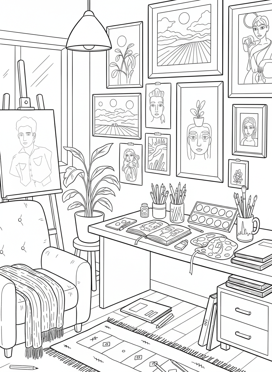 A cozy creative corner with sketchbooks, colored pencils, watercolor paints, and finished artwork hanging on the walls.