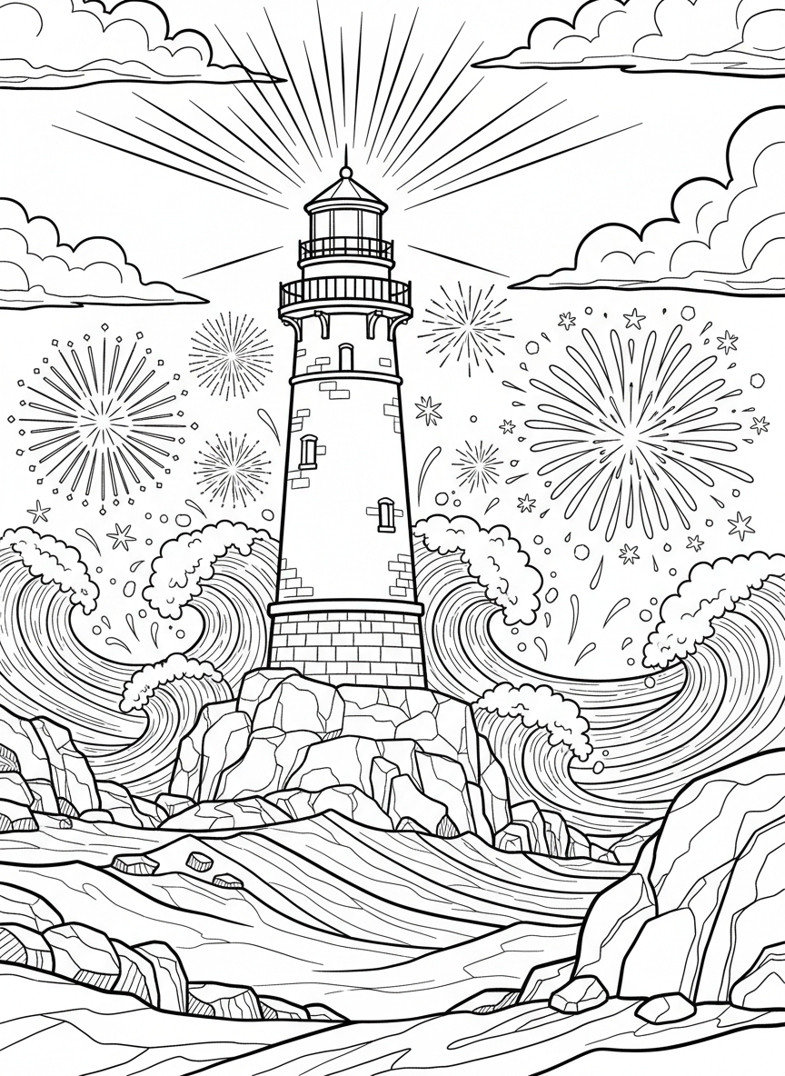 A lighthouse on a rocky shore with fireworks bursting above the ocean, waves crashing against the rocks below.