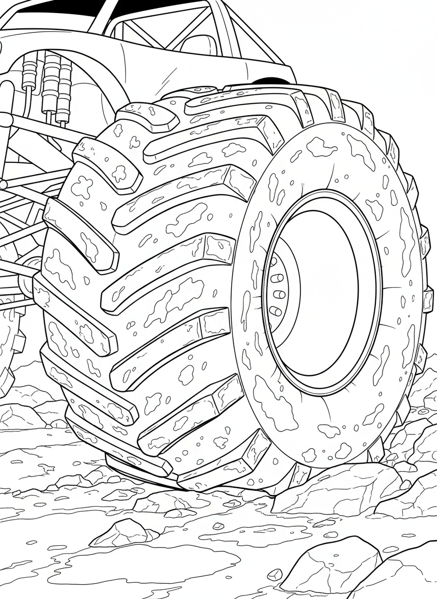 Close-up view of a monster truck's massive tire with detailed treads, showing mud and dirt splattered on the wheel.