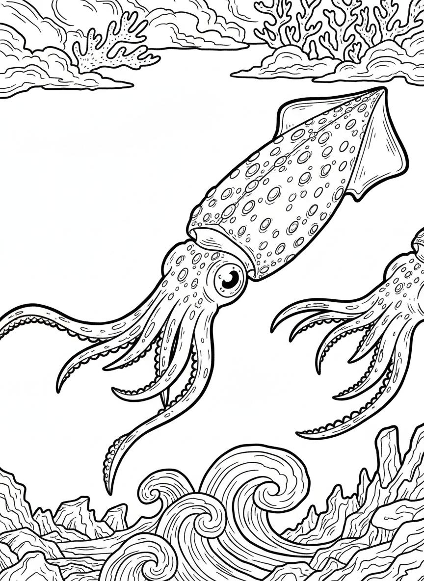 A firefly squid with its entire body covered in tiny light-producing organs, shown from the side with tentacles extended gracefully.