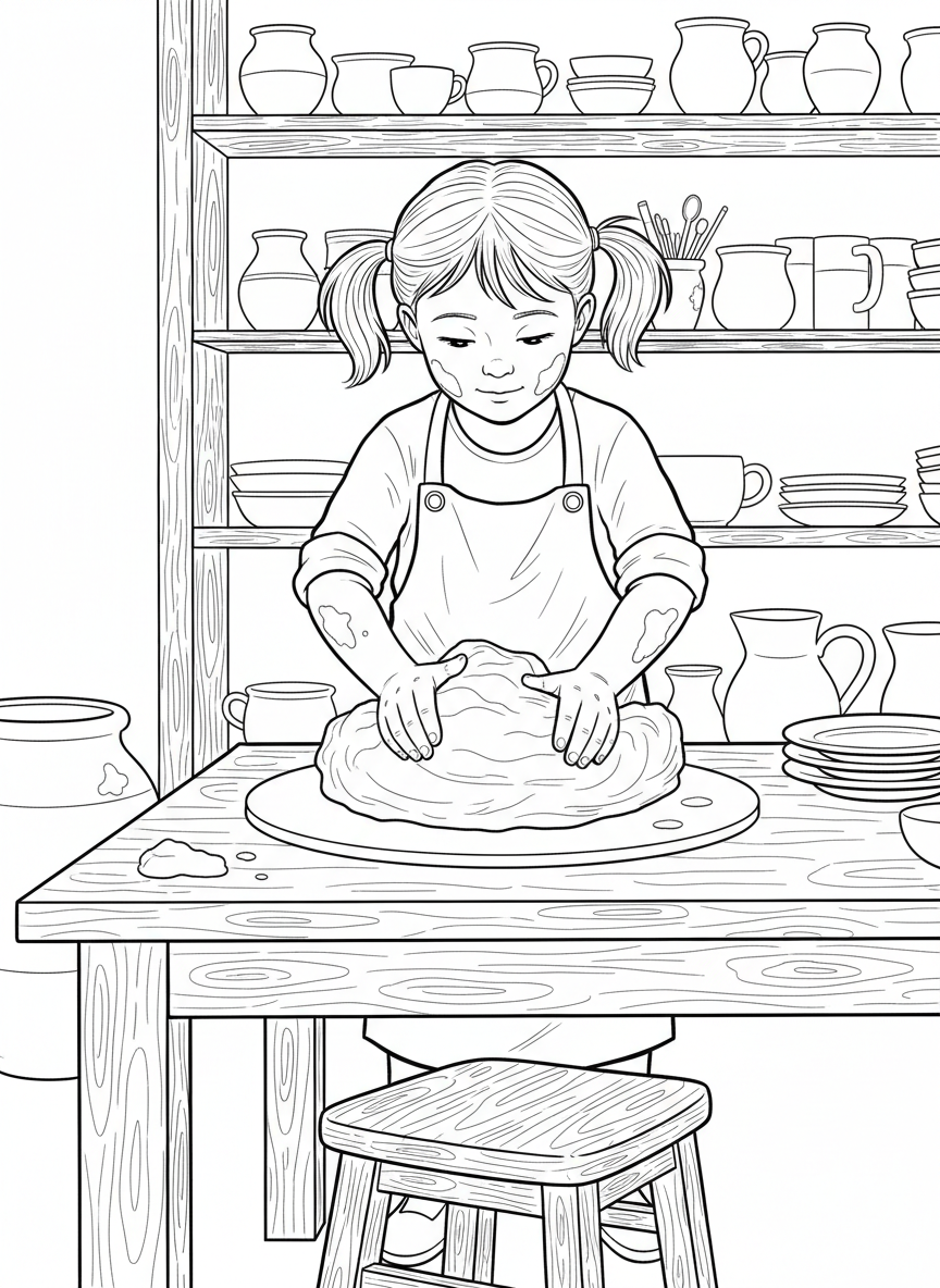 A child wearing an apron, kneading and wedging a large piece of clay on a wooden work table.