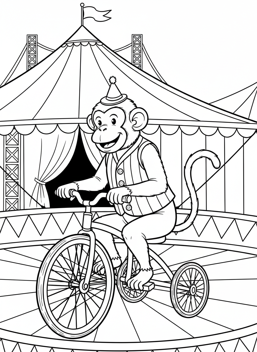 A performing monkey wearing a vest and tiny hat, riding a tricycle in the circus ring.
