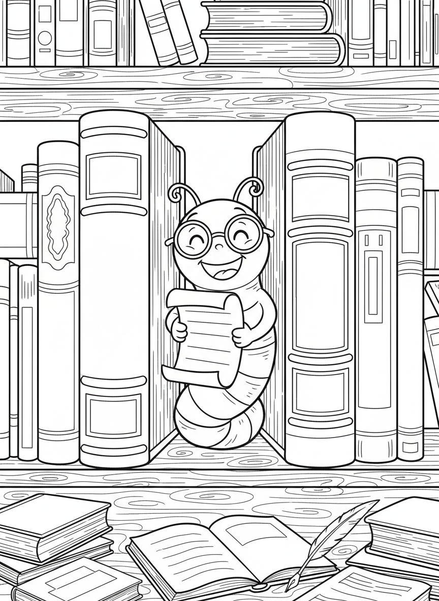 A bookworm character with a happy face and tiny arms, emerging from between books on a shelf while holding a reading list.