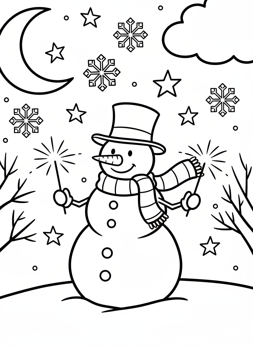 A friendly snowman wearing a top hat and scarf, holding sparklers with snowflakes and stars in the night sky