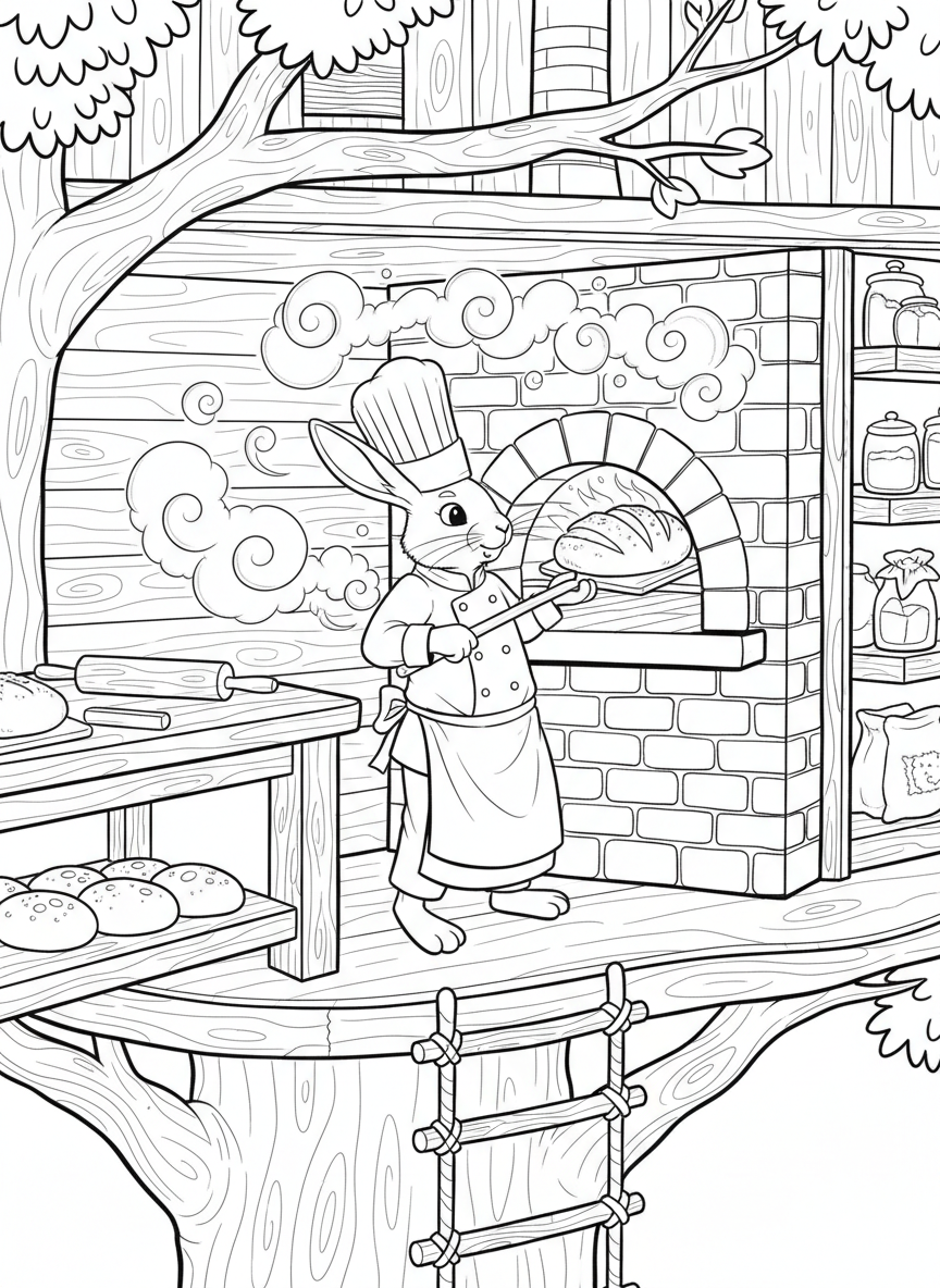 A rabbit chef in a treehouse kitchen pulling fresh bread from a brick oven, with flour dusting the air.