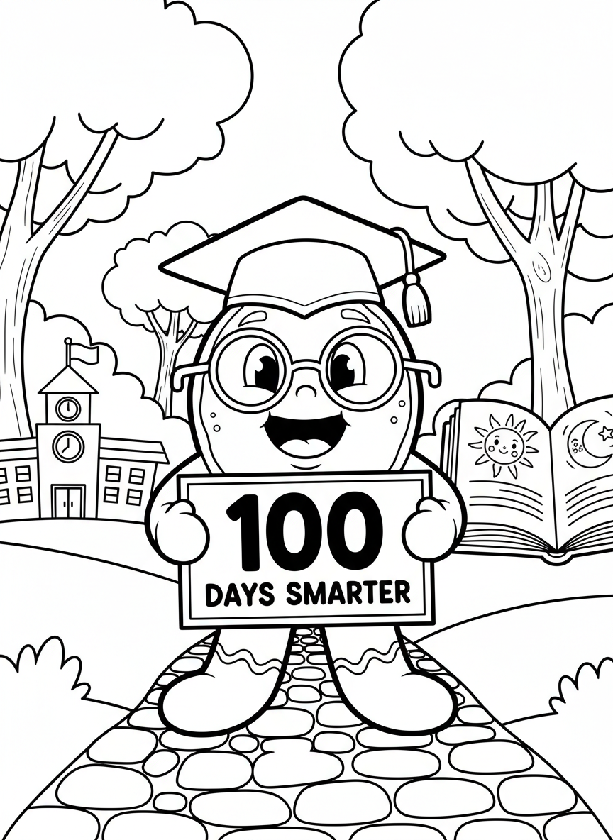 A smiling cookie wearing graduation cap and glasses, holding a sign that says 100, perfect for celebrating 100 days smarter