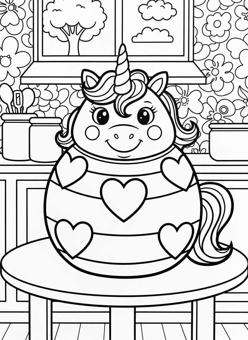A unicorn cookie jar with a smiling face, decorated with hearts and simple stripes, round pottery shape