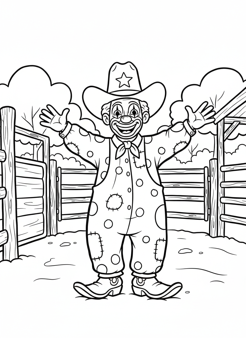 A rodeo clown with a big smile, oversized shoes, and a cowboy hat, standing in a rodeo arena