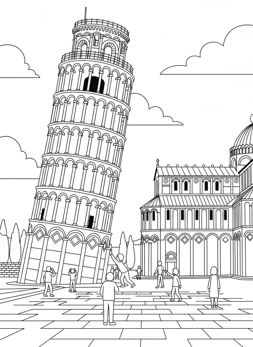 The Leaning Tower of Pisa tilted at an angle with tourists pretending to push it, simple figures and clear architecture.