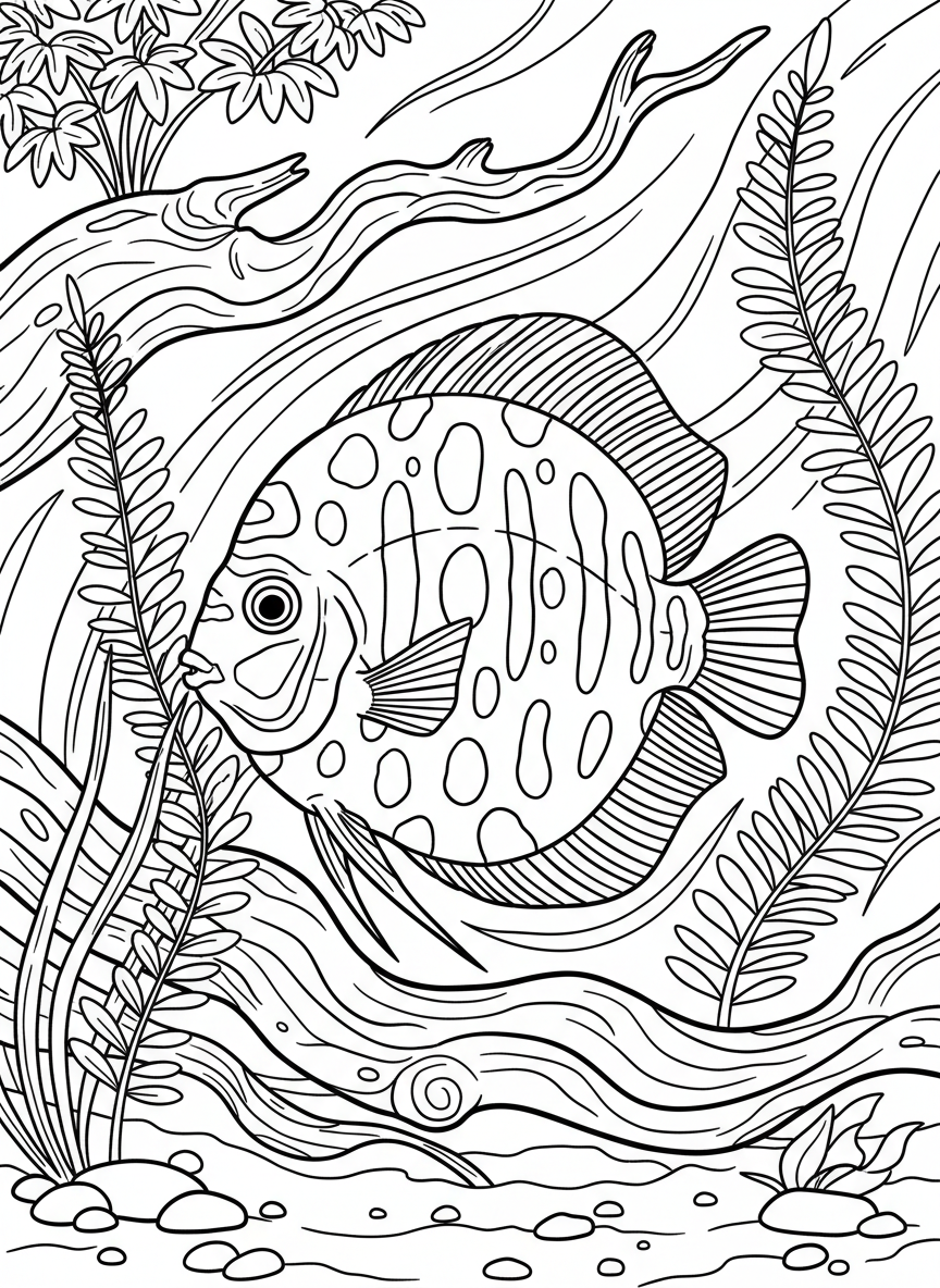 A discus fish with circular body and striped pattern swimming near driftwood and ferns, detailed scales to color