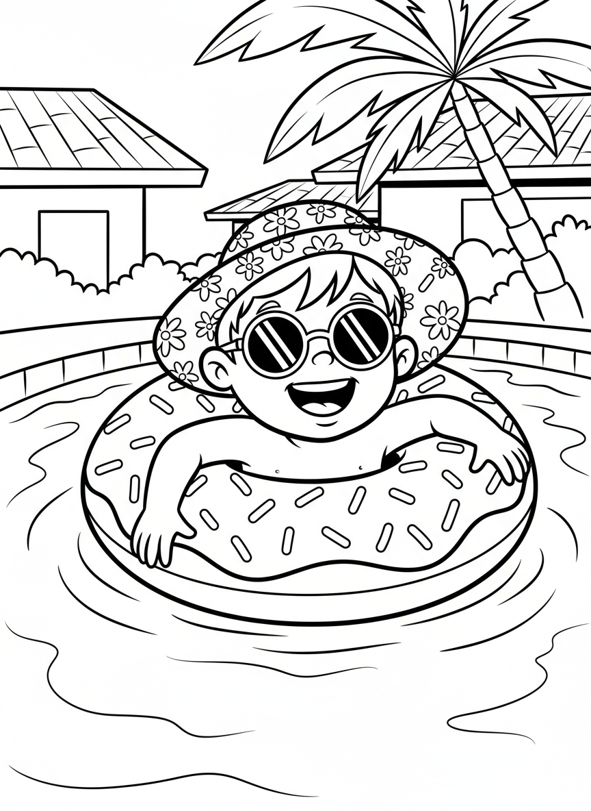 A cheerful child wearing sunglasses and a sun hat, relaxing in a pool float shaped like a donut