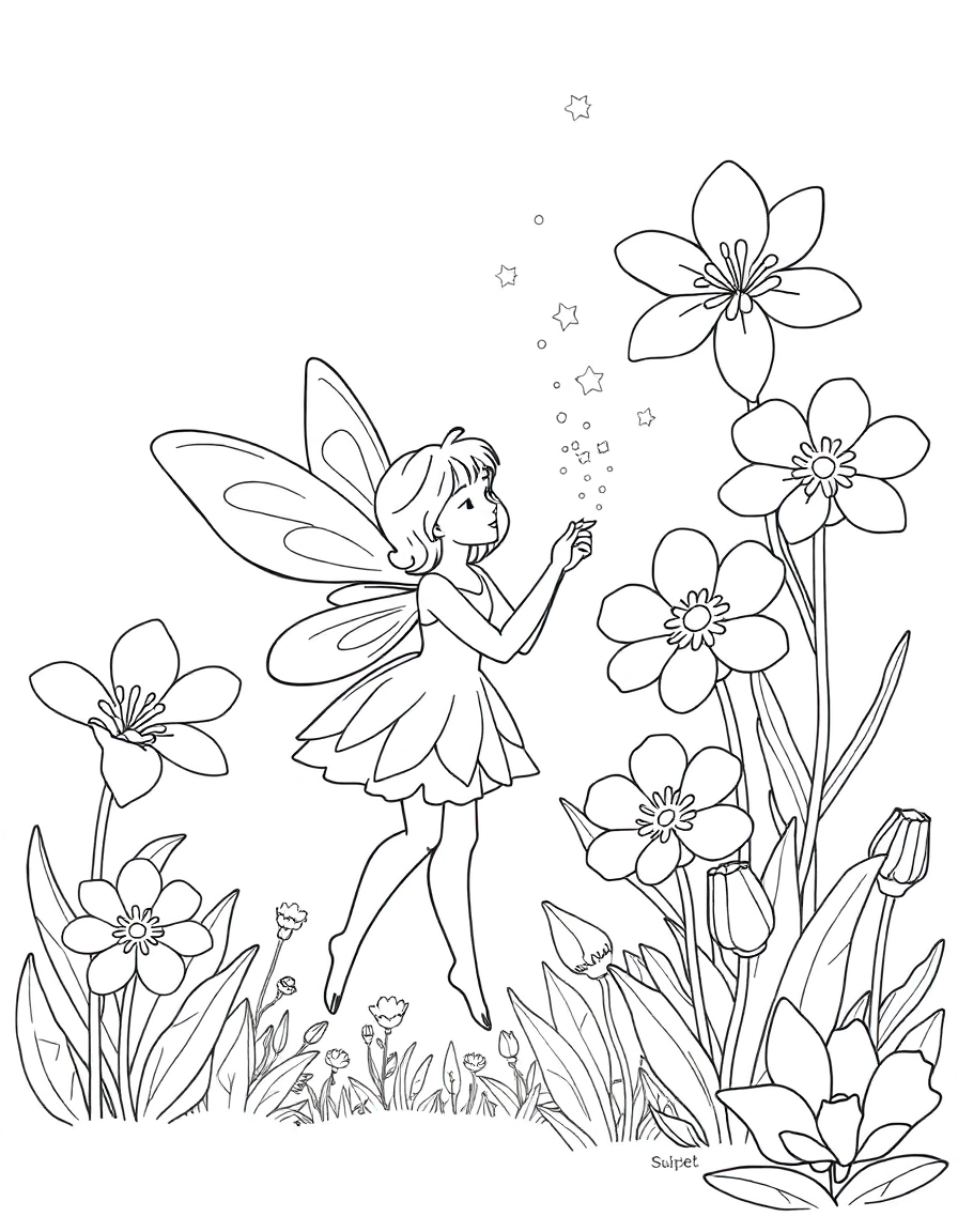 A fairy sprinkling magic dust, giant flowers in a garden