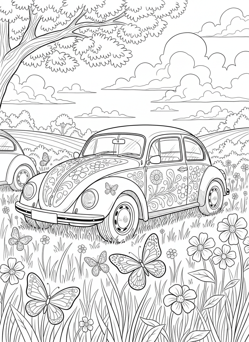A vintage Volkswagen Beetle-style rounded car with flowers painted on the side, parked in a sunny meadow with butterflies