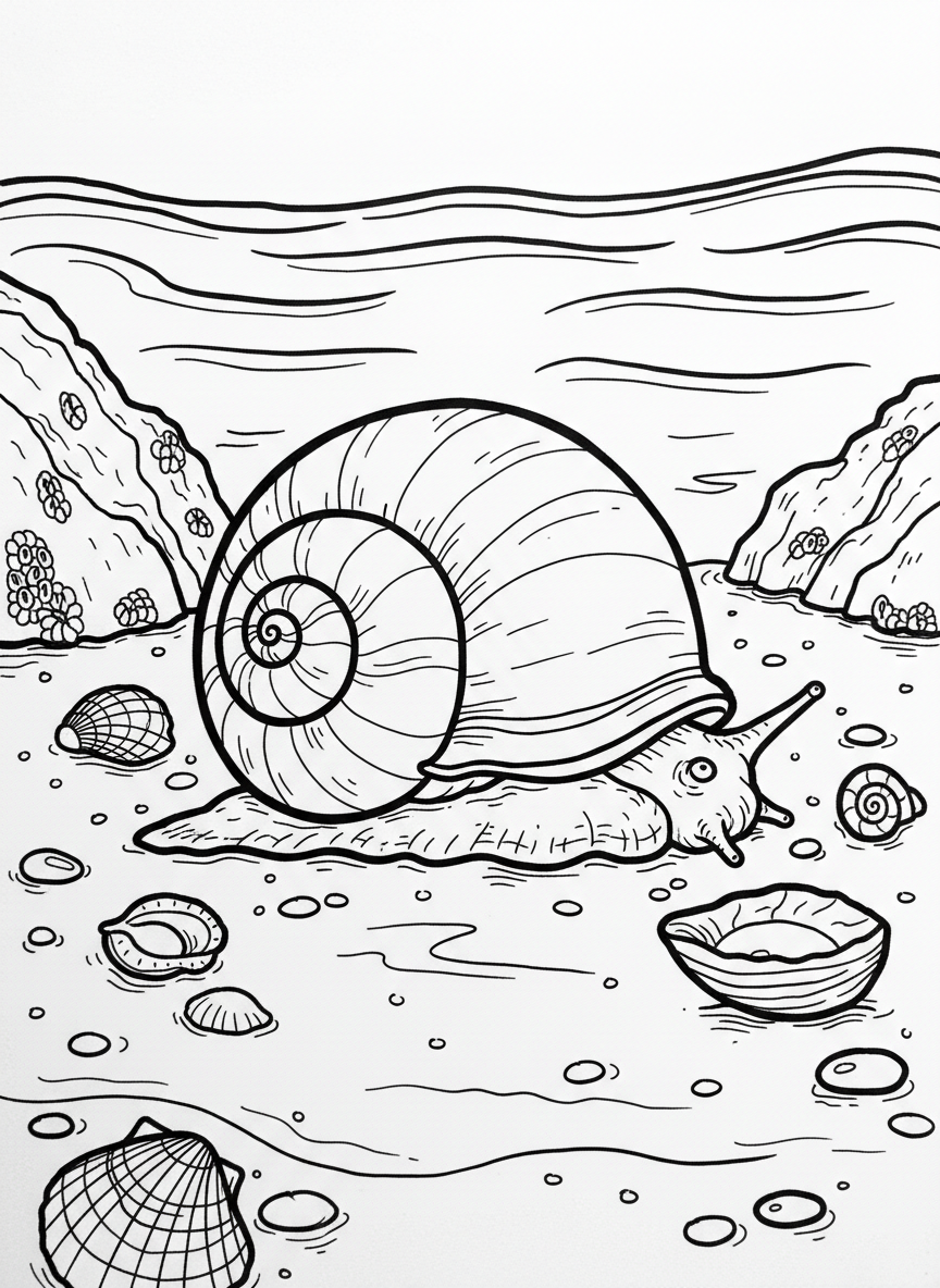 A moon snail with its large round shell resting in sandy tide pool bottom with small shells nearby