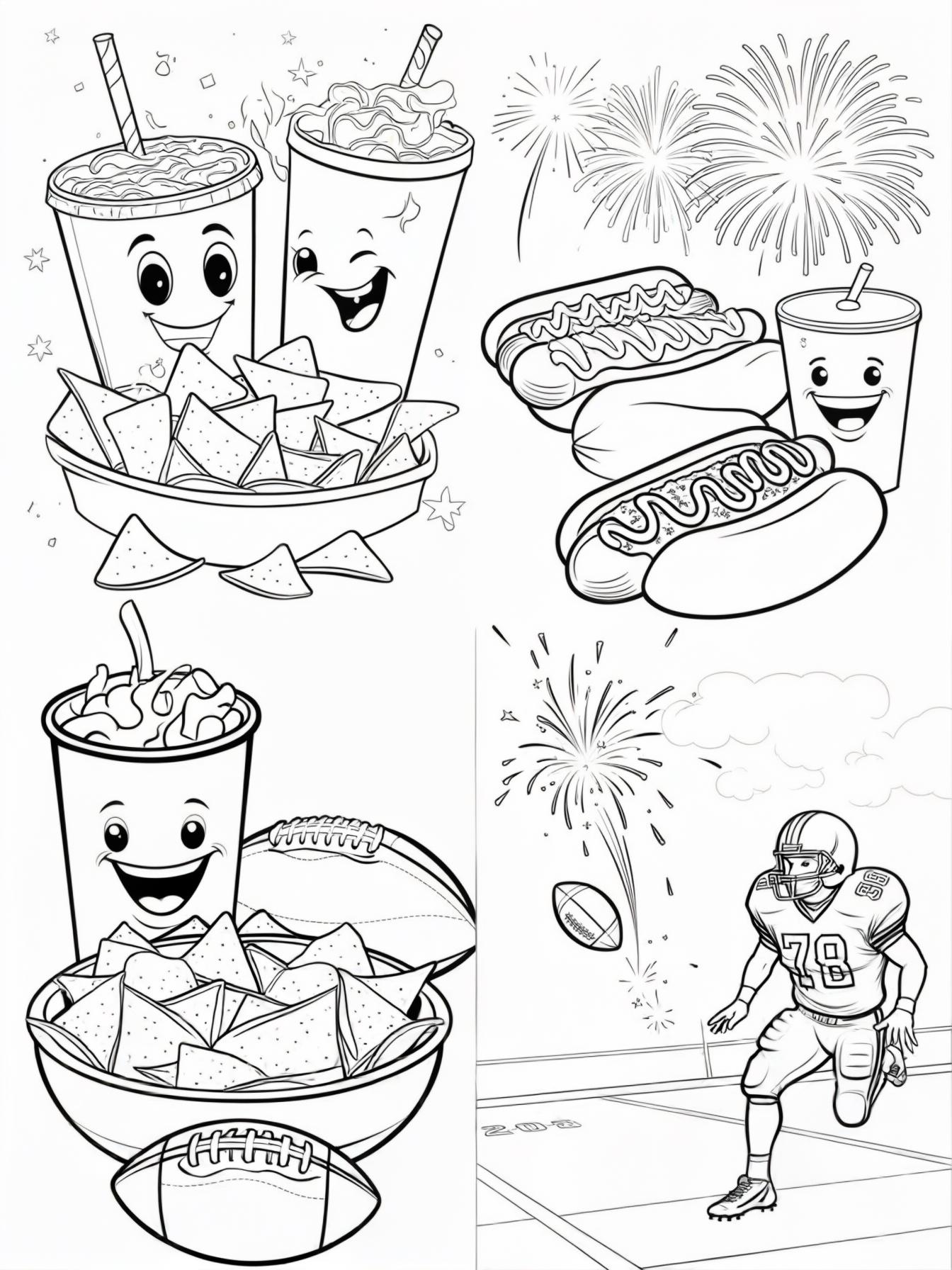 american football: Game Day Snacks: A whimsical spread of nachos, hot dogs, and soda cups with happy faces cheering for the team.or) spiking the ball in the end zone with fireworks going off behind.
