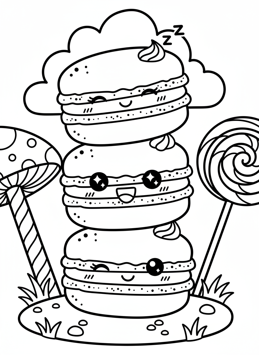 Three cute kawaii macarons stacked on top of each other, each with different expressions and tiny blushing cheeks