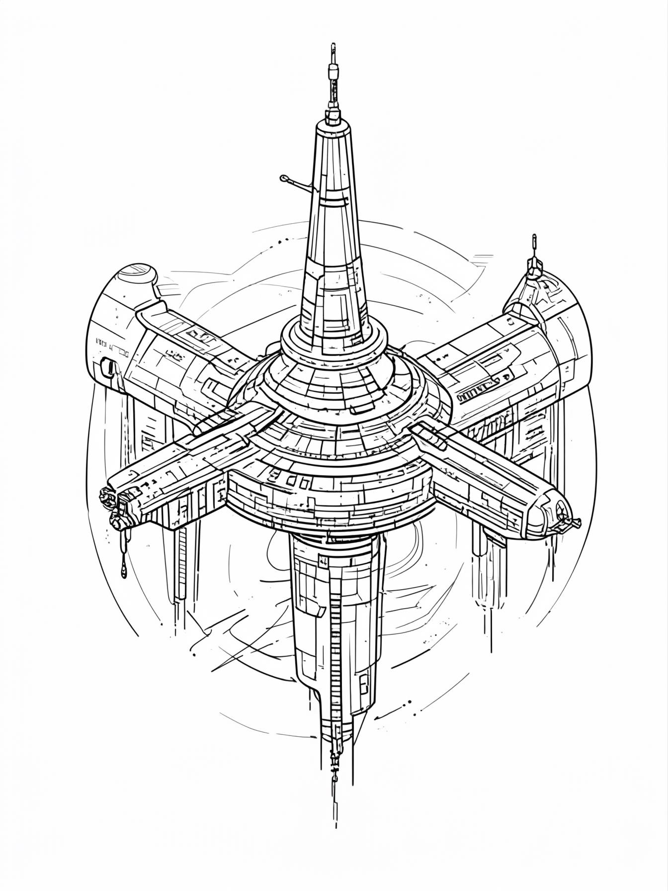 a space station rendered in a high-tech style with a mysterious atmosphere, using an isometric perspective, featuring volumetric lighting.