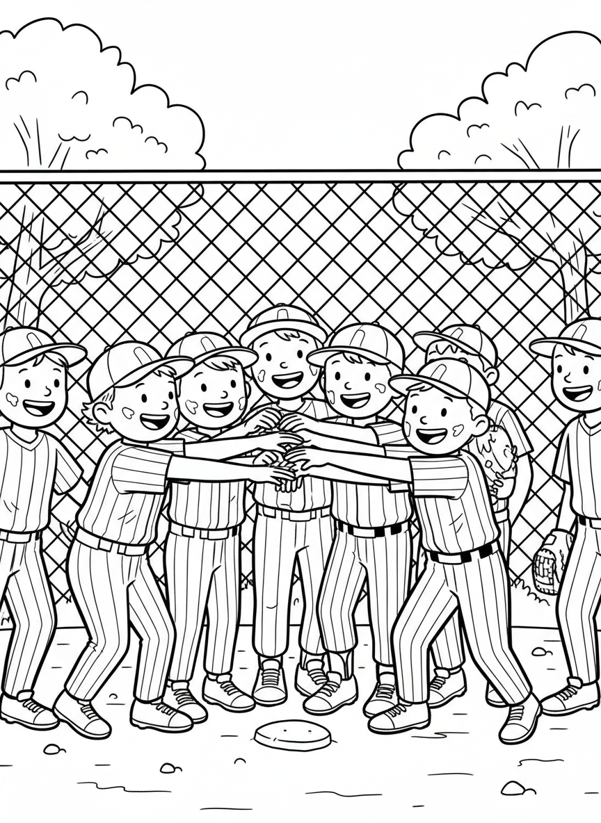 A cheerful Little League team celebrating together in a group huddle, hands stacked in the center, wearing matching uniforms and caps.