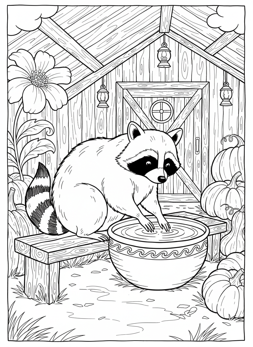 A raccoon washing its paws in a large pottery basin inside a cozy barn, whimsical country scene