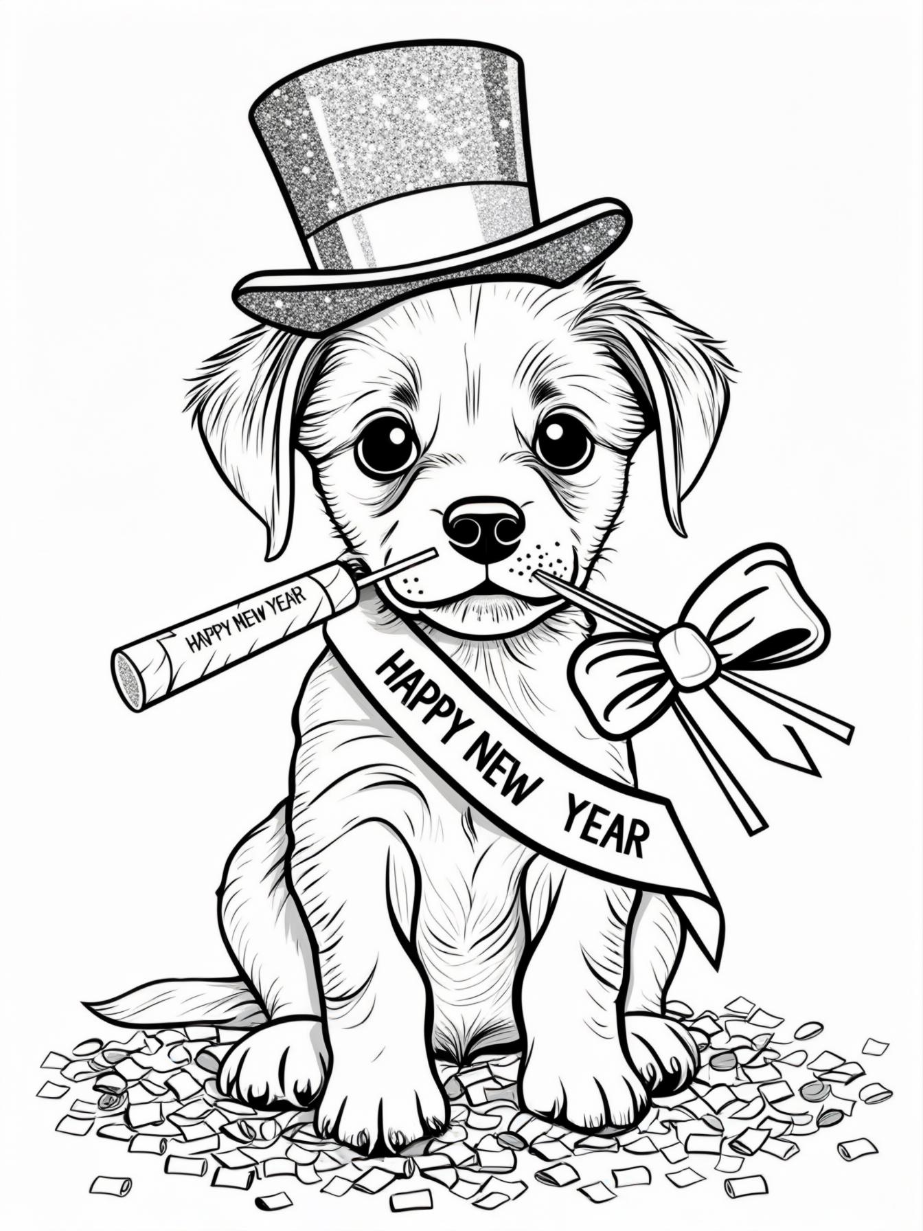 Party Animal Puppy: A cute puppy wearing a glittery top hat and a "Happy New Year" sash, sitting in a pile of confetti and holding a noisemaker in its mouth.