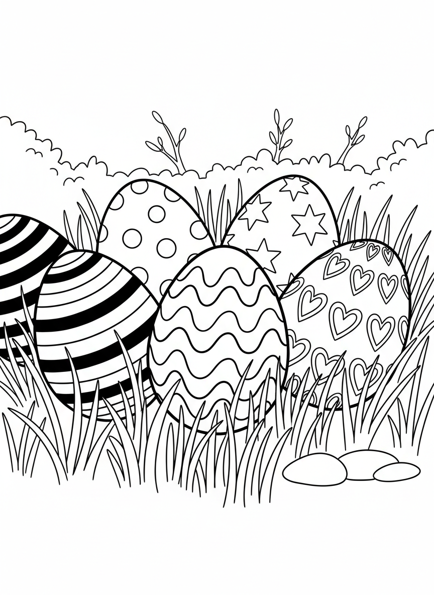 Close-up of five Easter eggs with different patterns: stripes, polka dots, zigzags, stars, and hearts arranged in grass.