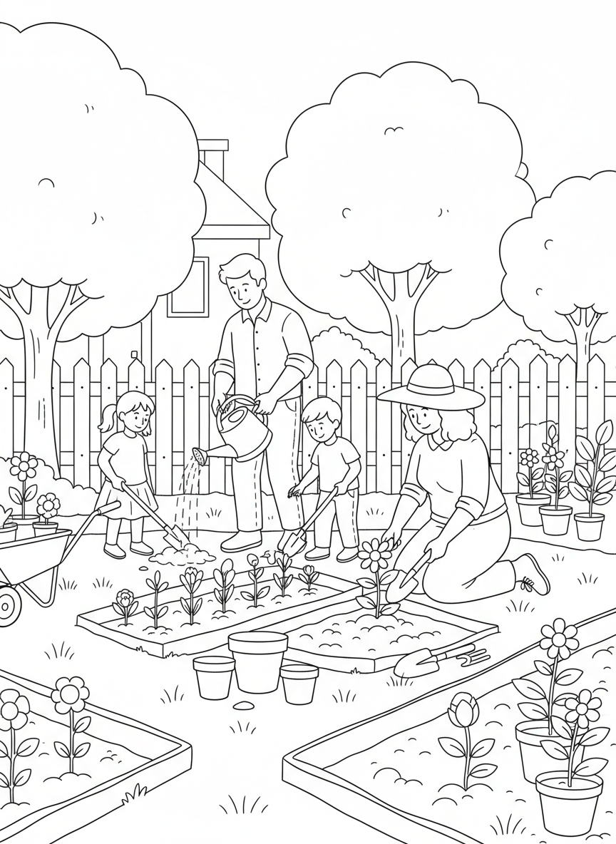 A family gardening together in their backyard, planting flowers and vegetables with watering cans, shovels, and a wheelbarrow.