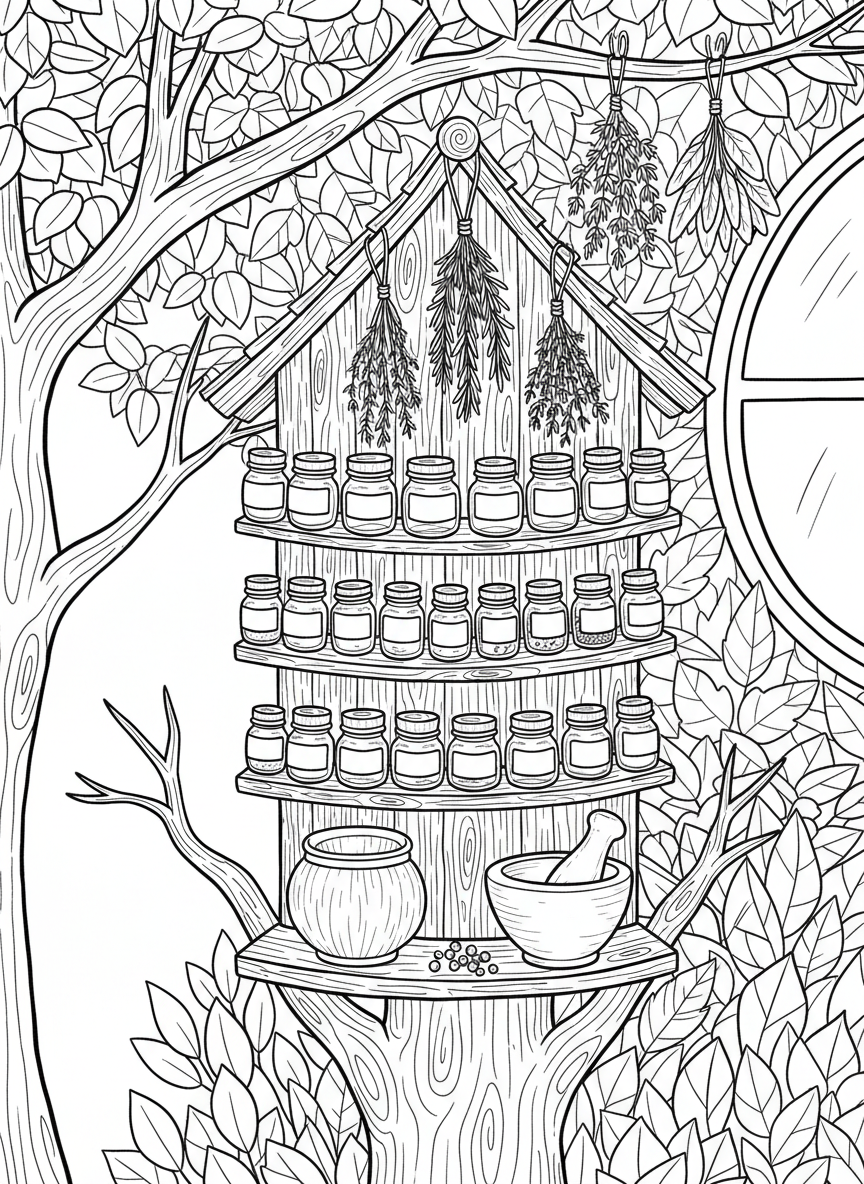A close-up of a treehouse spice rack with tiny labeled jars, dried herbs hanging from the ceiling, and a mortar and pestle.
