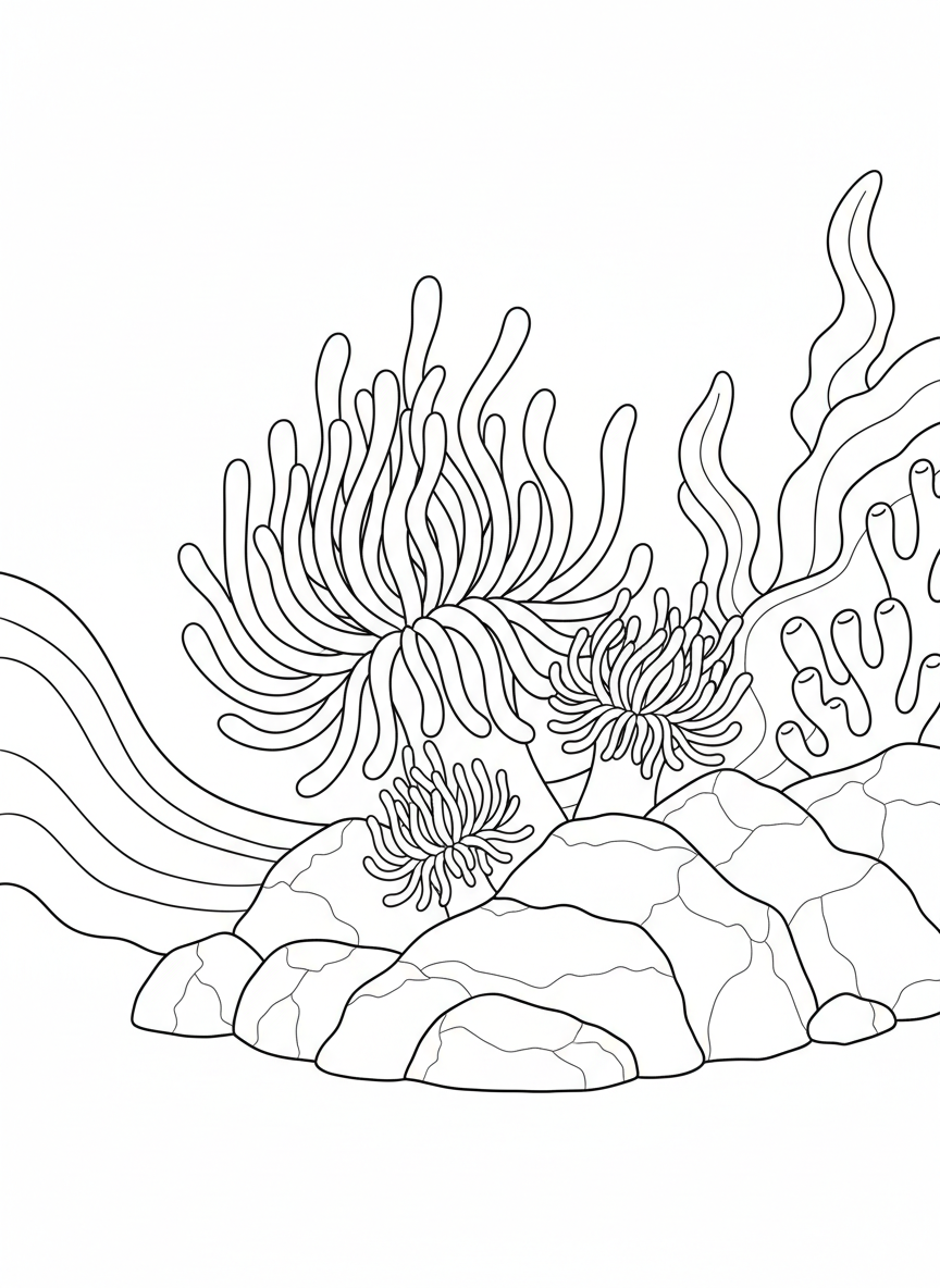 Three different sea anemones of varying sizes clustered together on a rock, with wavy tentacles reaching upward, medium detail coloring page