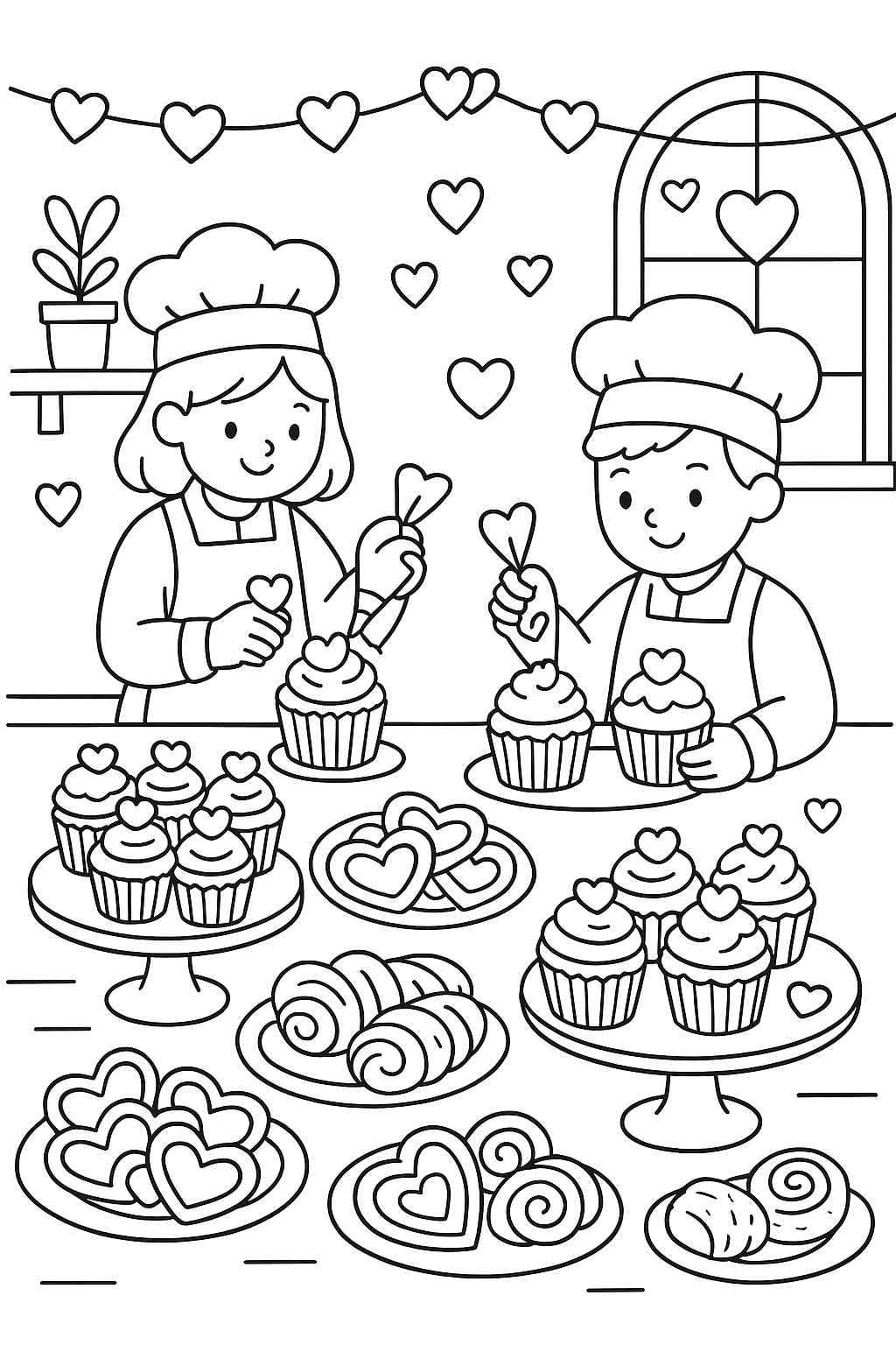 A cozy bakery filled with Valentine’s Day cupcakes, heart-shaped cookies, and pastries on display stands, bakers decorating treats with frosting hearts, warm and inviting atmosphere