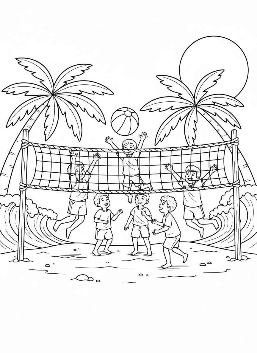 A group of diverse kids playing volleyball on a beach, jumping to hit the ball over the net, fun summer scene.