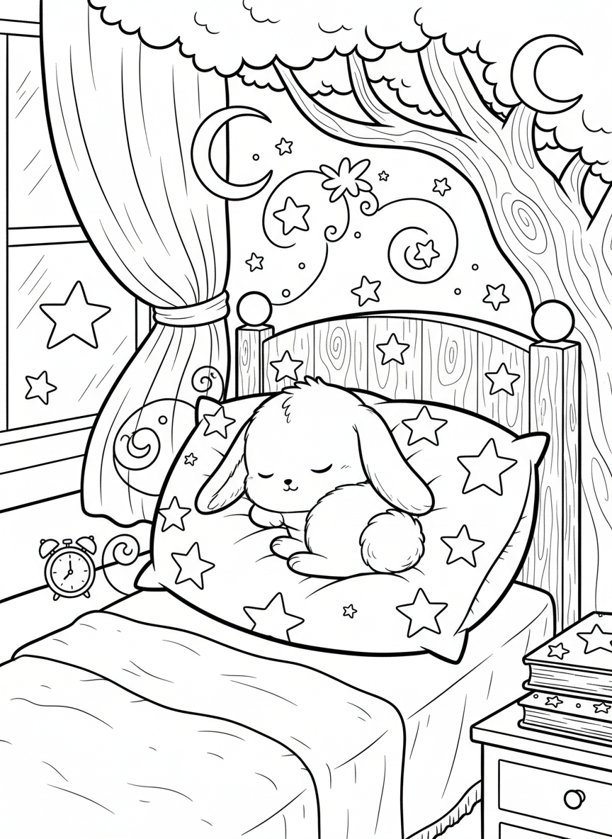 A small magical creature with bunny-like ears sleeping peacefully on a pillow with stars around, bedtime scene line art