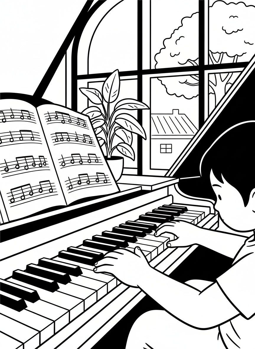 A young child's first piano lesson showing small hands on piano keys from above, with a simple music book open nearby.