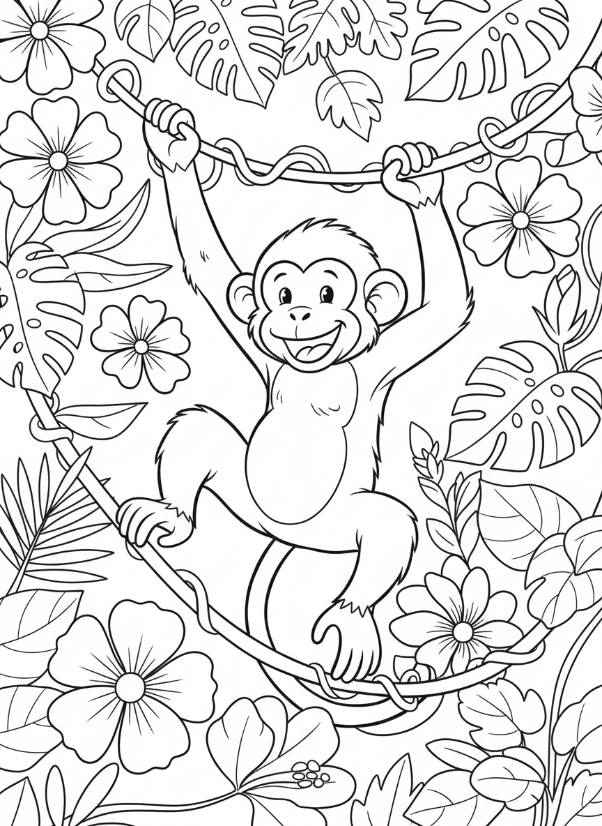 Close-up of a smiling monkey swinging from jungle vines with tropical leaves and flowers surrounding the scene.