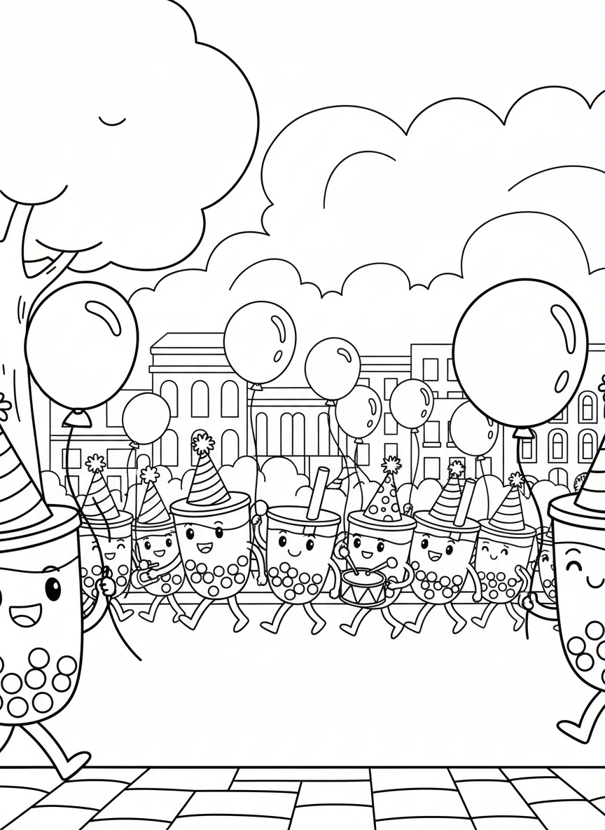 A bubble tea parade with walking cup characters wearing party hats, holding balloons, celebrating together