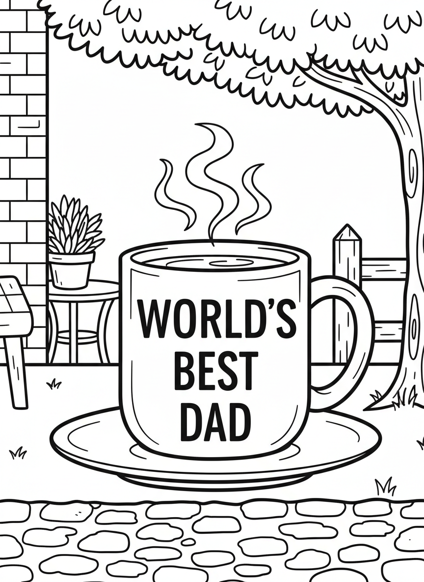 A coffee mug with 'WORLD'S BEST DAD' written on it, steam rising from the top, sitting on a saucer.