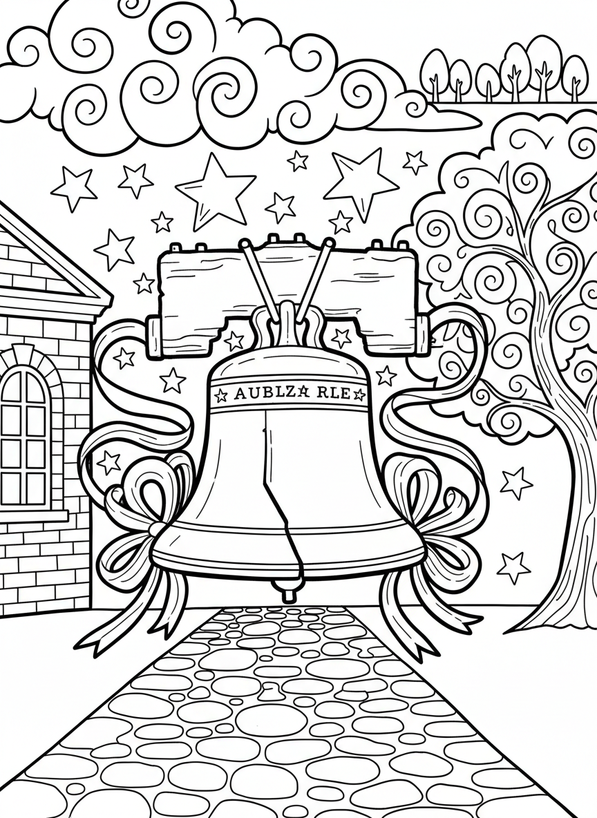 The Liberty Bell with decorative stars and ribbons around it, clear bold outlines for easy coloring