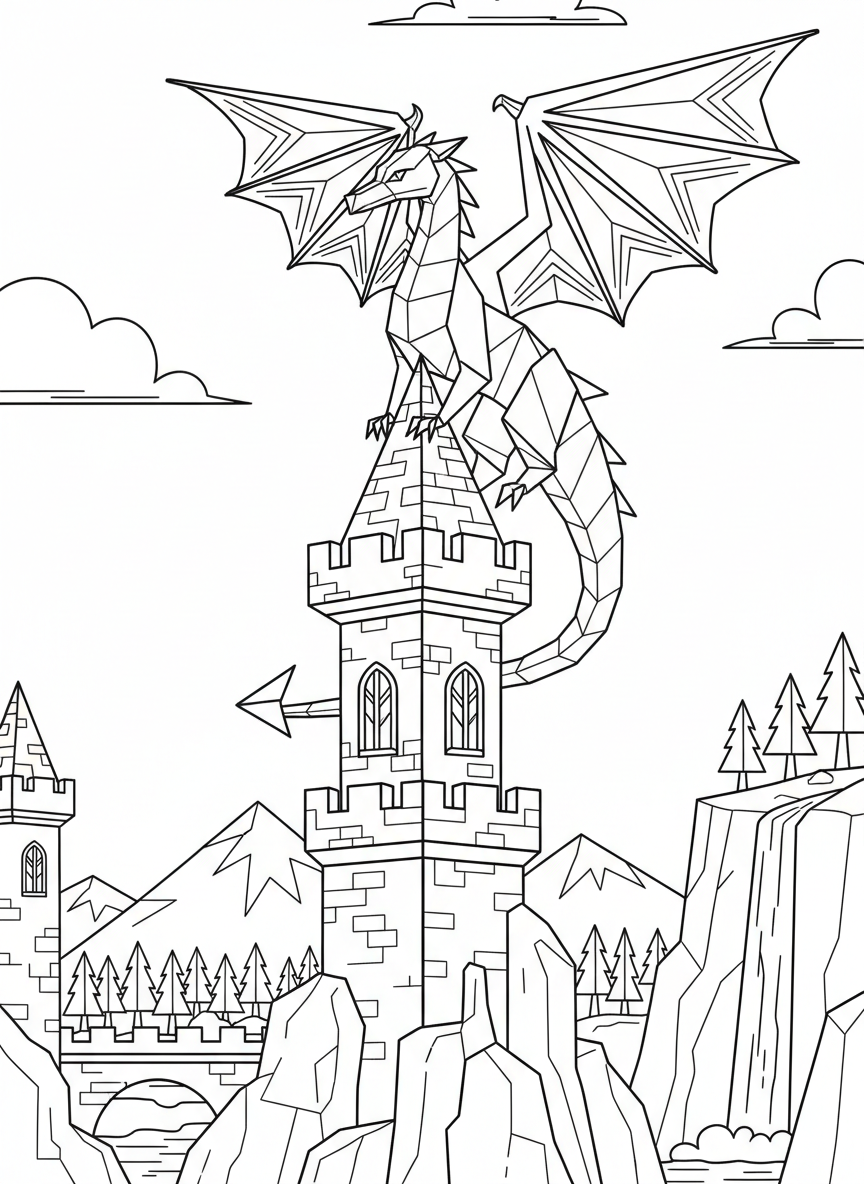 An origami dragon with elaborate folded wings resting on a castle tower, featuring complex geometric patterns suitable for older children.