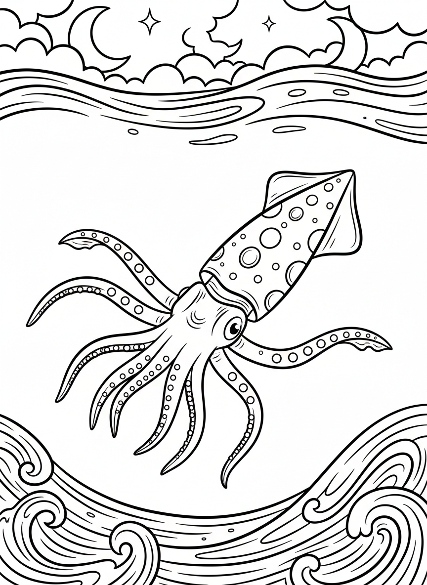 A firefly squid with tentacles extended, showing the light-producing photophores on its arms, swimming near the ocean surface at night.