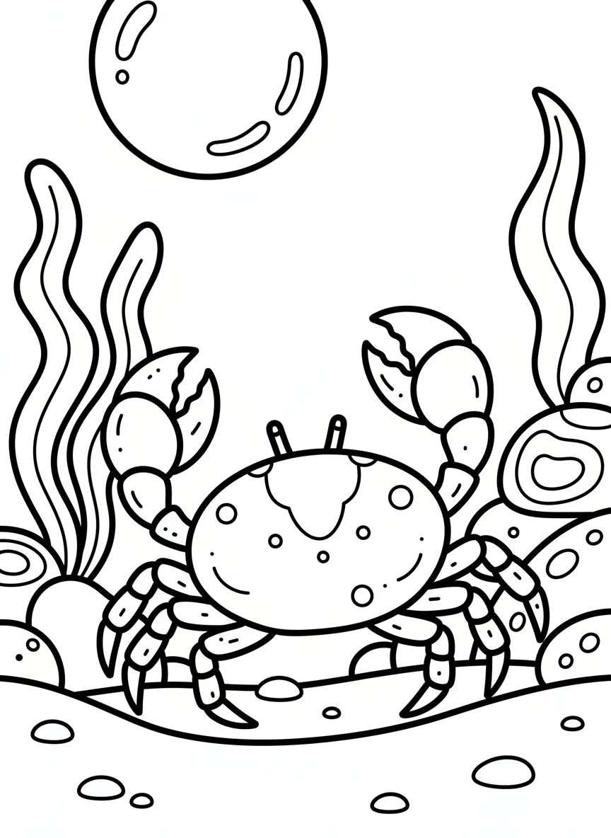 Simple side view of a round crab with eight legs and two claws, ideal for younger kids to color easily.