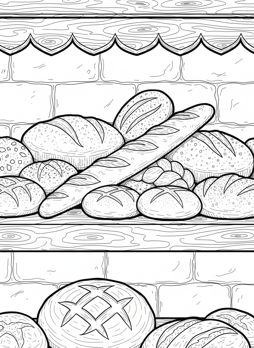 A bakery shelf stocked with various loaves of bread in different shapes and sizes
