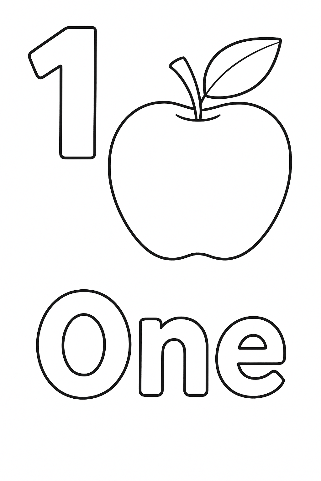 The number “1” and the word “One”. With 1 apple image on the page. Write out the word “One”.