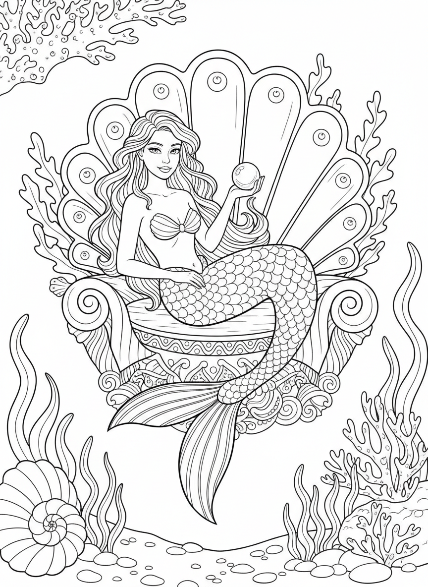 Mermaid relaxing in a giant clamshell chair, holding a pearl, with ornate shell patterns and seaweed decorating the scene, detailed coloring page