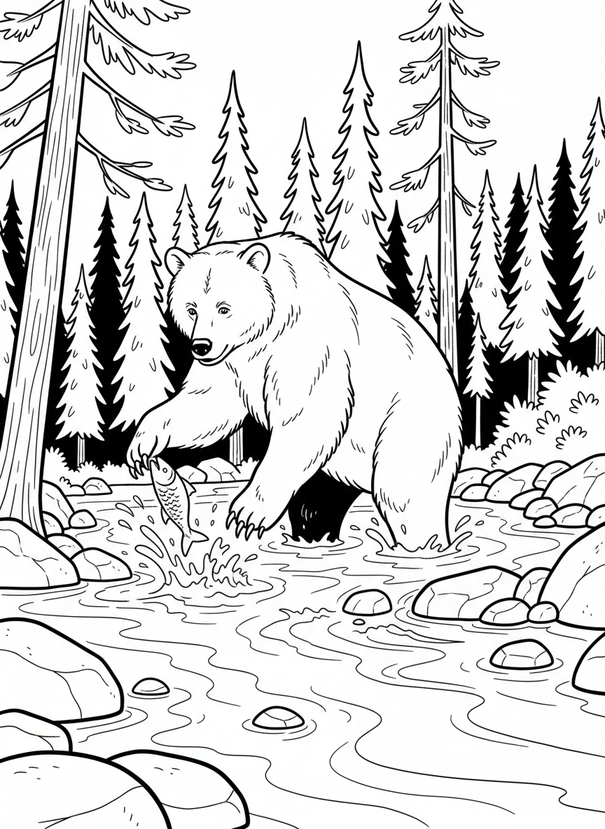 A bear fishing in a river surrounded by pine trees, smooth stones, and flowing mountain water.