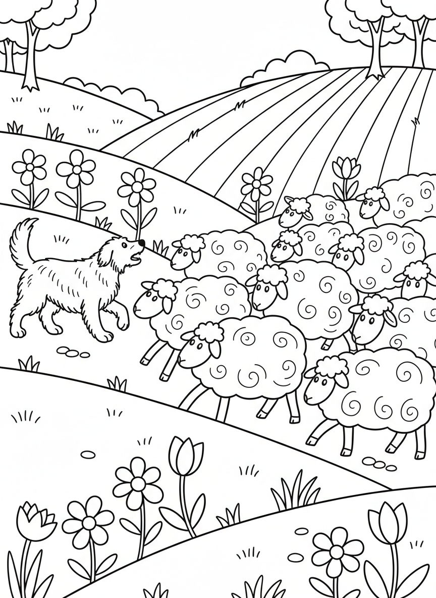 A sheep dog herding a flock of fluffy sheep across a rolling hillside pasture with flowers.